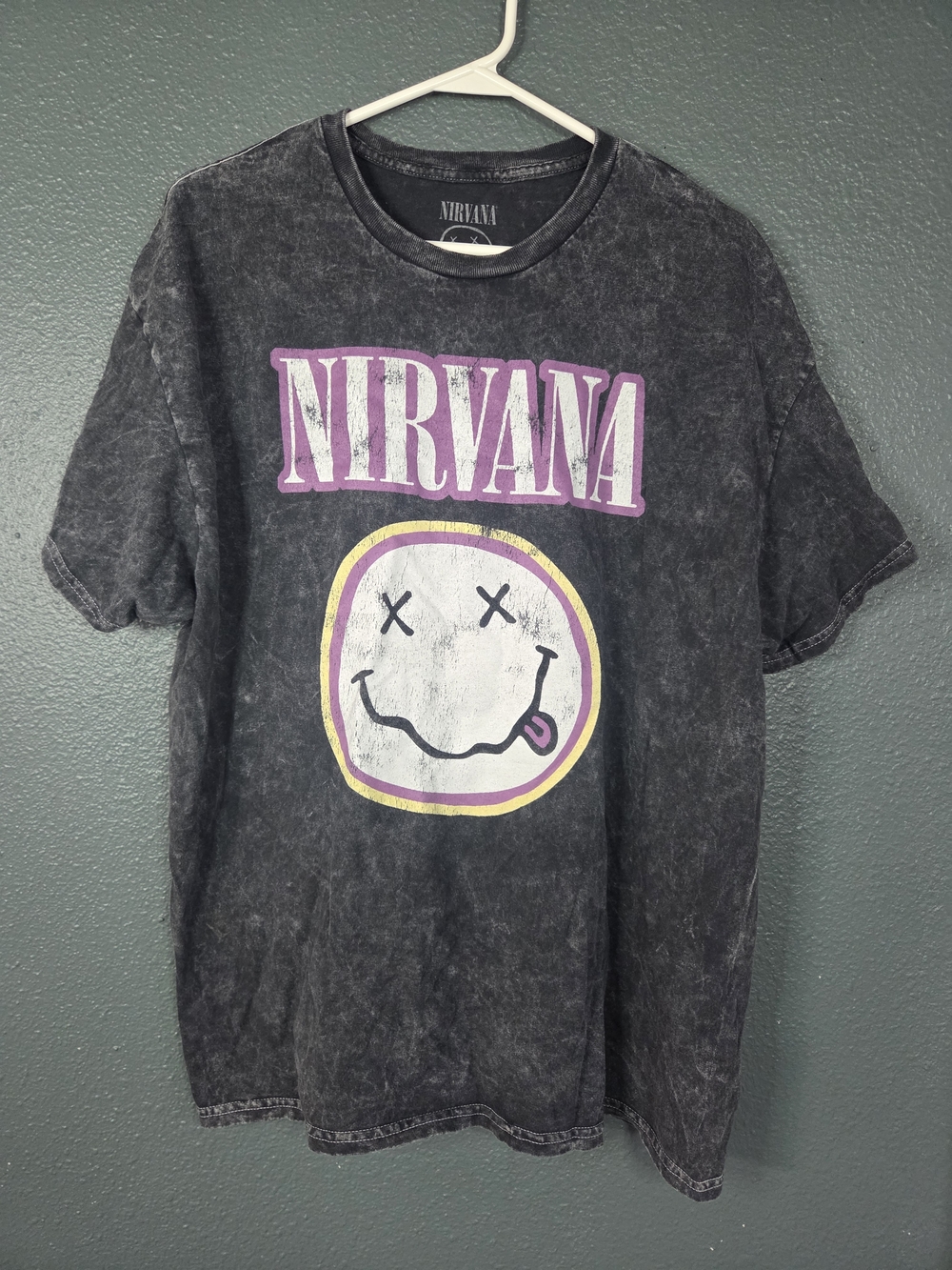 Nirvana Band Tee Charcoal Grey Smiley Face Graphic T-Shirt Mineral Wash XL - Picture 1 of 5